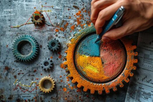 Cogwheel pie chart representing data analysis and strategy planning on engineering background photo