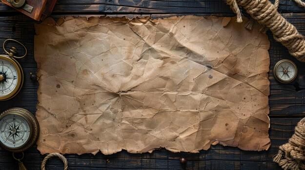 Aged paper with compass and rope on wood texture background with copy space photo