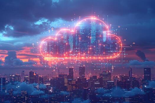 Digital cityscape at dusk cloud computing and networking technology photo