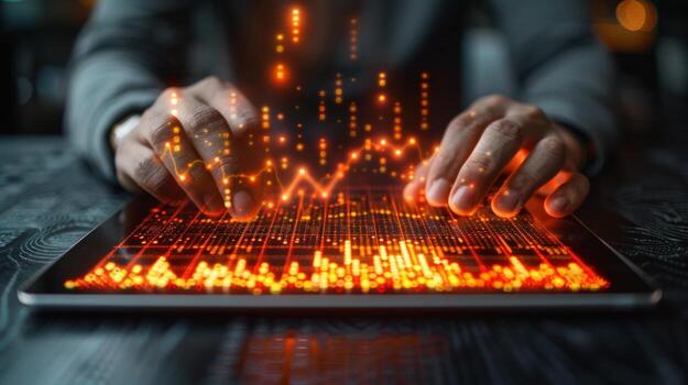 Digital tablet displaying abstract financial data chart analysis photo