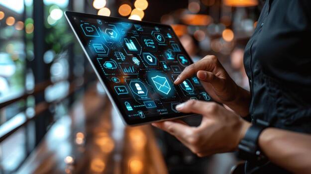 Cybersecurity on tablet device with data protection and internet security icons photo