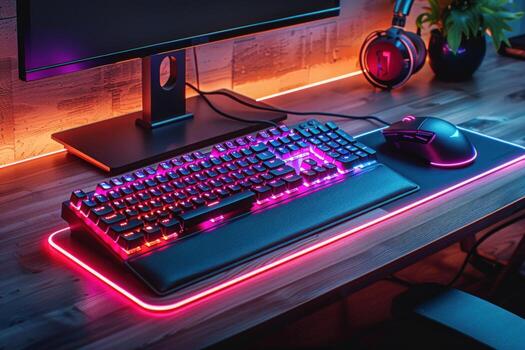 Gaming computer keyboard mouse and glowing peripheral devices on desk photo