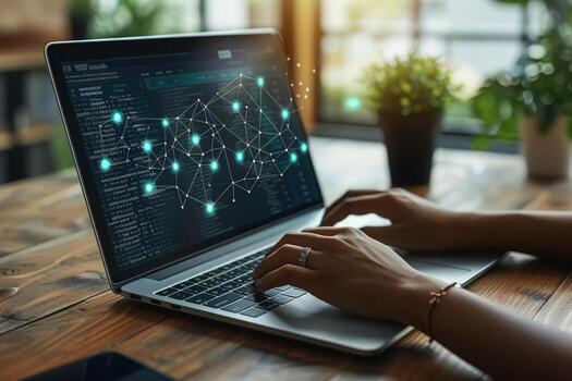 Laptop displaying code and network graphic for data analysis and technology concept photo