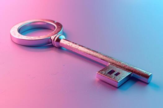Shiny metallic key on colorful gradient background access unlock solution photo
