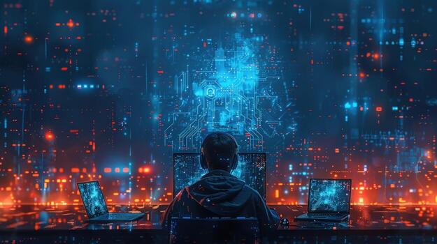 Digital age programmer at computer with abstract technology background photo