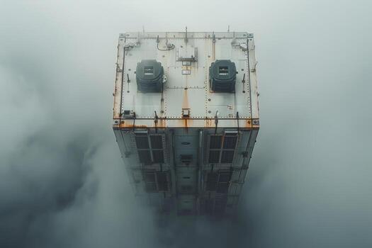 Architectural structure emerging from dense fog mysterious building in mist photo