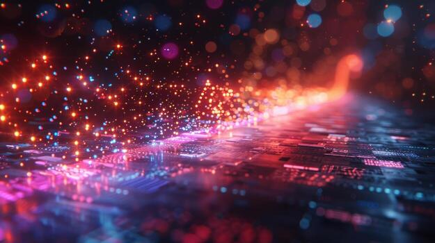 Abstract technology circuit board with glowing particle stream background photo