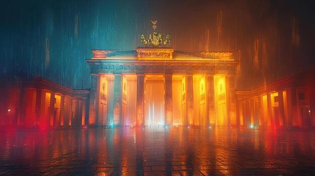 Illuminated architecture building with symmetrical columns at night photo