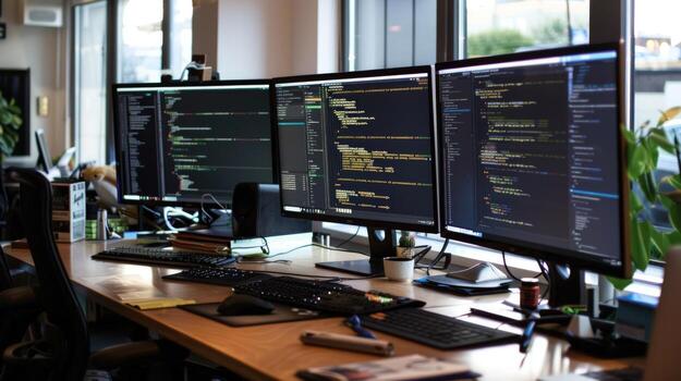 Workspace featuring computer monitors displaying software code photo