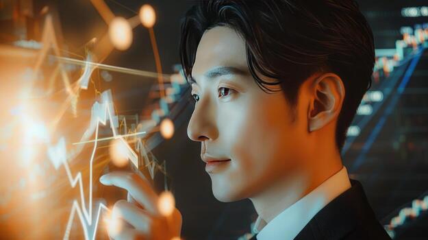 Data analysis interface person interacting with digital charts graphs photo