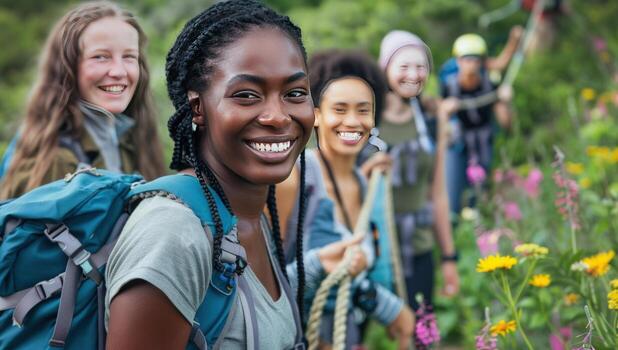 Diverse group hiking in mountain meadow with backpacks photo