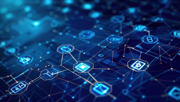 Digital network of interconnected glowing nodes connecting data and system on blue background photo
