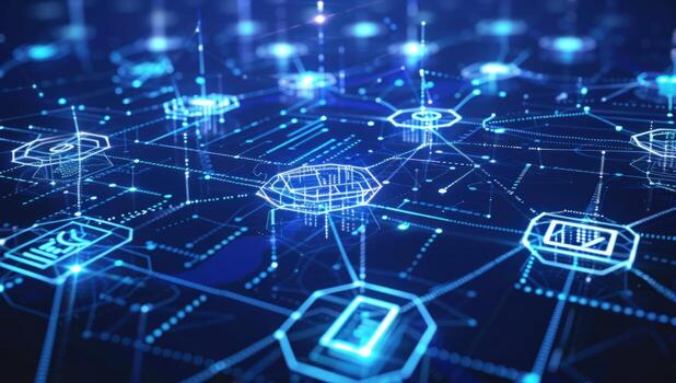 Abstract network connection technology background with glowing nodes and lines photo