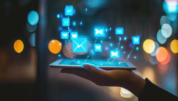 Digital communication via tablet with glowing message notifications and connection icons photo