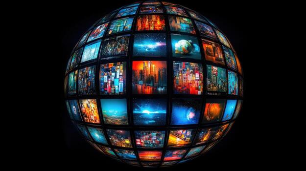 A sphere composed of multiple screens, each displaying a different image, against a black background. photo