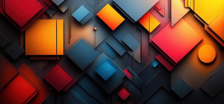 Abstract geometric pattern with overlapping squares and rectangles in red, orange, blue, and gray. photo