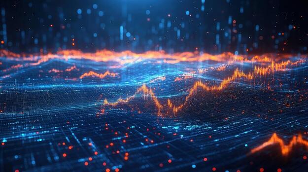 Abstract digital landscape with glowing lines and data points, representing futuristic technology, data analysis, and the digital world. photo