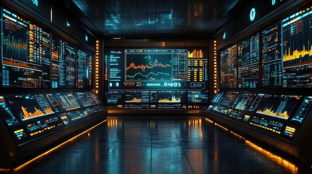 futurista controlar habitación con muchos pantallas mostrando datos y gráficos foto