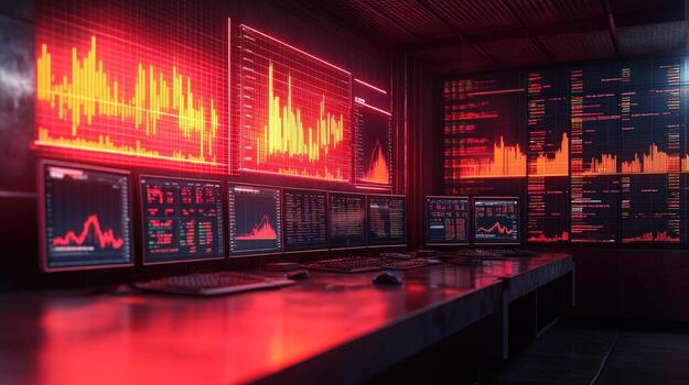 A futuristic control room with multiple monitors displaying data and charts, with red and orange lighting. photo