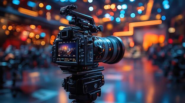 A professional camera on a tripod with a blurred background of an event space with spotlights and people. photo