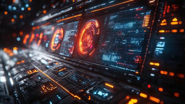 futurista digital interfaz con brillante pantallas mostrando datos y información. foto