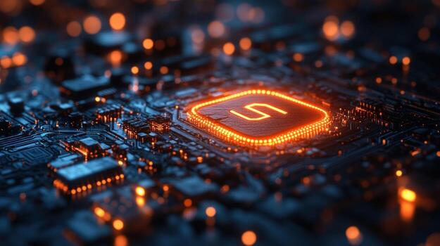 Closeup of a glowing microprocessor chip with a circuit board background. photo