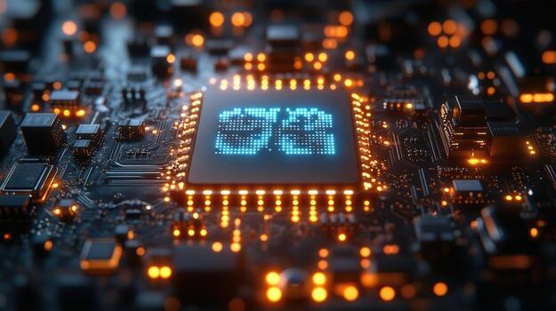 A closeup of a computer processor chip with the number 5G glowing blue on the surface. photo