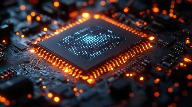 Closeup of a glowing computer processor with circuit board. photo