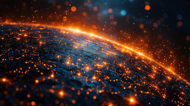 A fiery, abstract depiction of a planet, with glowing embers, sparks, and particles emanating from its surface. photo