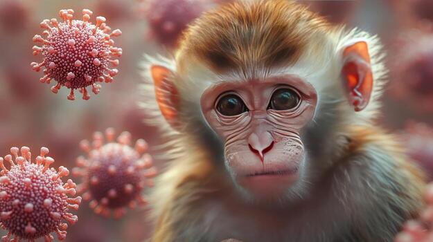 A closeup portrait of a monkey with multiple stylized red coronavirus particles floating around it. photo