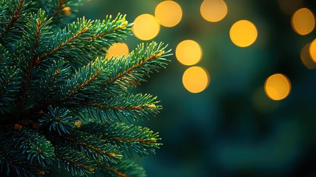 Closeup of a pine tree branch with a bokeh effect of golden lights in the background. photo