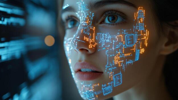 un mujer cara es iluminado con un digital monitor de código y datos. foto