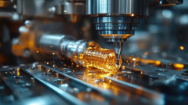 A closeup of a CNC machine cutting a metal workpiece, creating sparks and showing the precision and power of modern industrial technology. photo