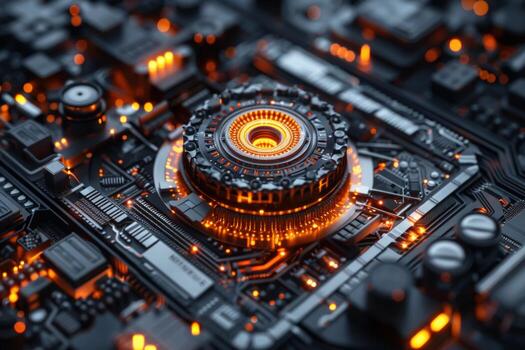 Closeup of a glowing, metallic, circular component embedded in a complex circuit board. photo