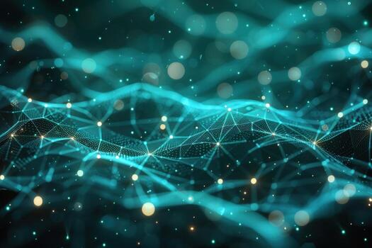 Abstract teal and gold digital network background with glowing points and lines. photo