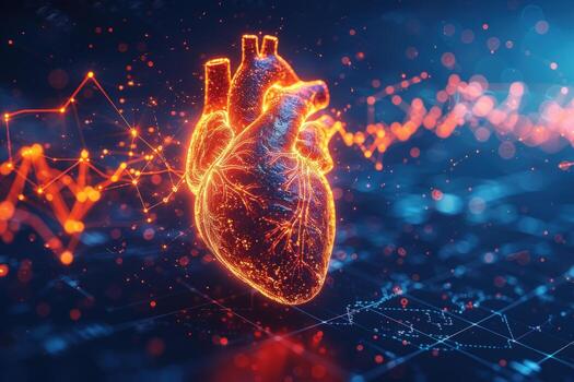 3D rendering of a glowing heart with data and graphs in the background. photo