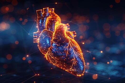 A glowing digital rendering of a human heart with network lines and bokeh. photo