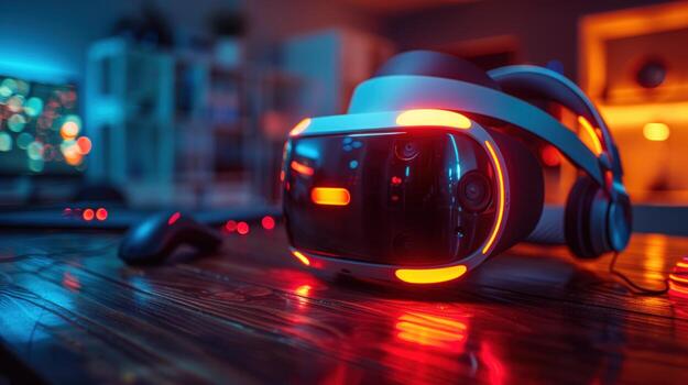 A VR headset with glowing lights sits on a wooden table with a controller, headphones, and a computer monitor in the background. photo