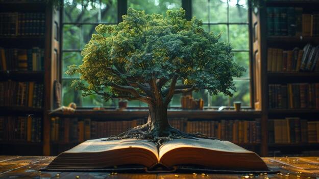 A tree growing from an open book in a library setting. photo