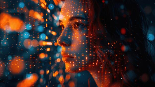 A woman's face is illuminated by a digital overlay of binary code and colorful bokeh lights. photo