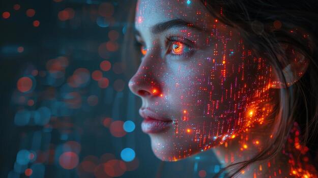 A woman's face is illuminated by glowing digital code, creating a futuristic and ethereal effect. photo