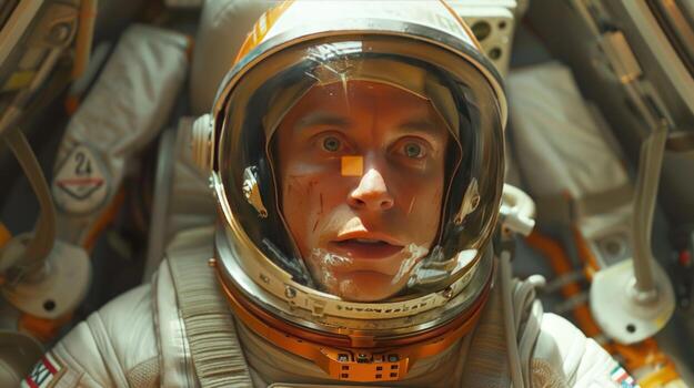 A closeup shot of an astronaut wearing a spacesuit in a spacecraft, looking with a worried expression through the visor of his helmet. photo