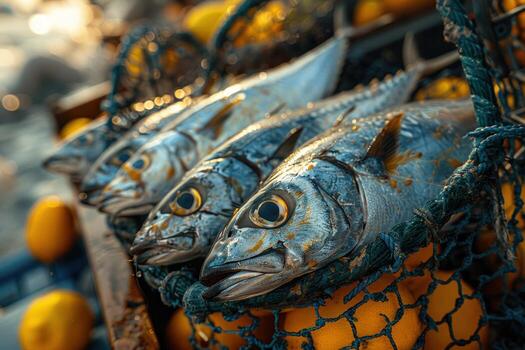 Freshly caught fish in a net with oranges in the background. photo