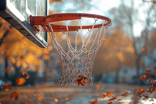 A basketball hoop with a leaf caught in the net, surrounded by autumn leaves. photo
