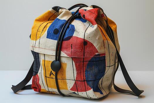 A colorful drawstring backpack with a geometric pattern, black straps, and a black button. photo