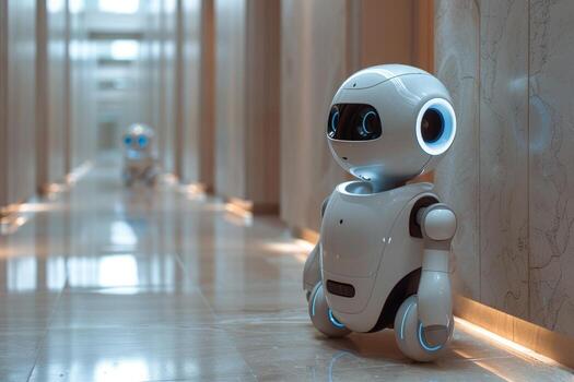 A white robot with blue eyes sits in a hallway, with another robot in the background. photo