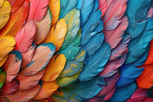 Colorful feathers arranged in a pattern, creating a vibrant and textured background. photo