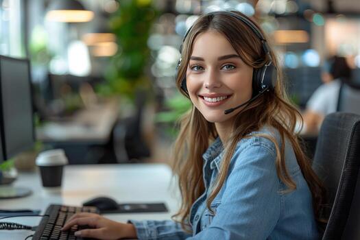 Smiling customer service representative wearing headset and typing on computer. photo