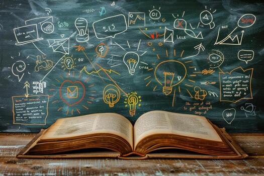 Open book on a wooden table with a chalkboard background filled with colorful chalk drawings of ideas and concepts. photo