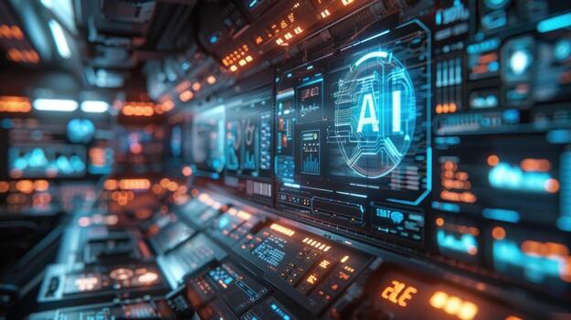 A futuristic control room with a large screen displaying AI data. photo